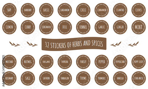 Set of herbs and spices stickers on black background. Labels for packaging, food containers, SPA, cosmetics, healthcare, etc.