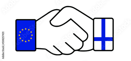 Cartoon handshake and agreement. Welcome Finland to the European Union and Nato, to join the alliance Finnish flag. solidarity. Aggression and military attack, defence. Agreement or alliance.