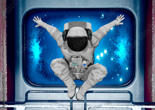 Fototapeta Naklejka Na Ścianę i Meble -  astronaut is jumping like spider in sci-fi spaceship background