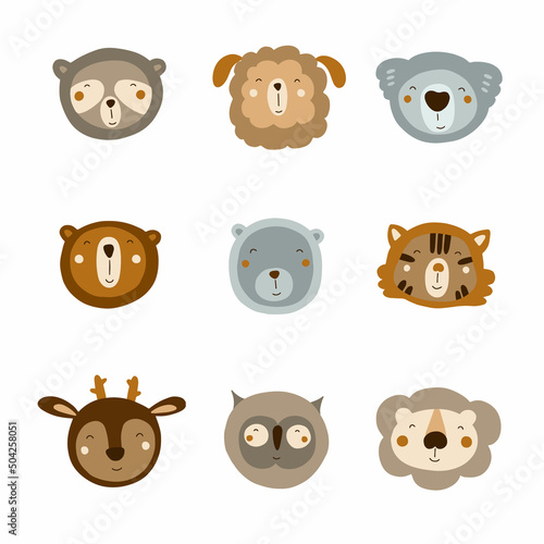 Set of cute animal heads. Vector illustration in warm colors of boho style on a white background for your design