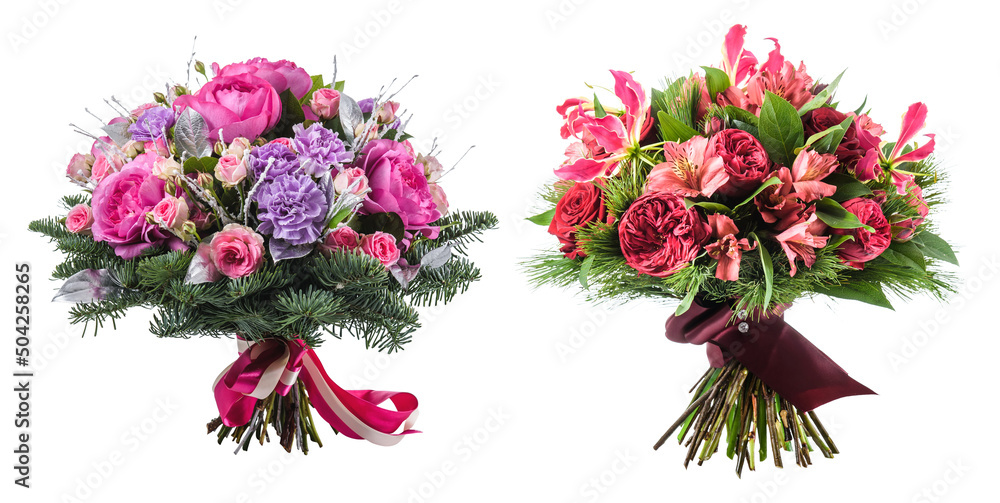Wedding bouquet set on isolated white background. Flower bouquets with roses, tulips, peonies, leaves. Bridal bunch of flowers