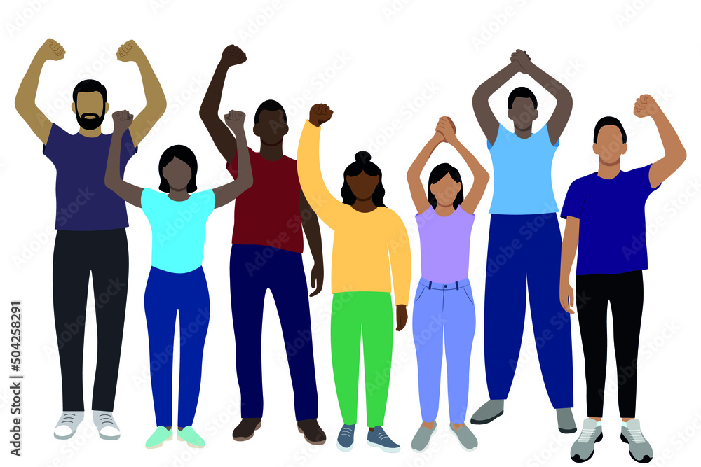 Obraz premium Set of dark-skinned girls and guys drawn in full length with arms raised above their heads, flat vector on white background, faceless illustration, young people protest