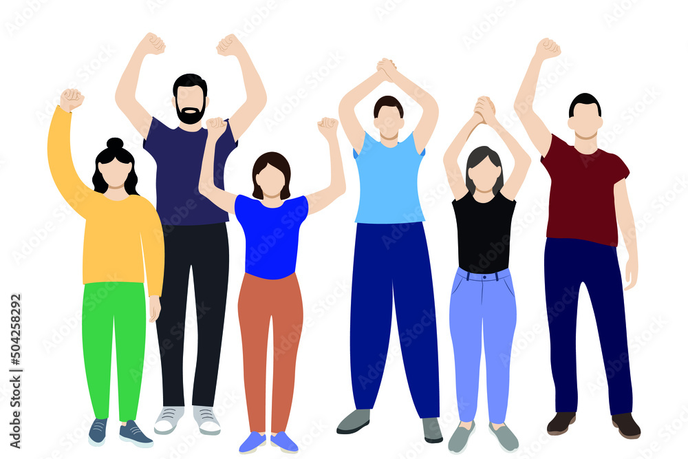 Obraz premium Set of women and men drawn in full length with arms raised above their heads, flat vector on white background, faceless illustration, young people protest