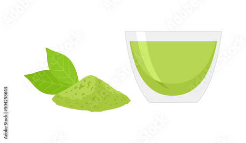 Hot tea in a glass cup and powdered Japanese green matcha tea decorated by tea leaves, isolated on a white background
