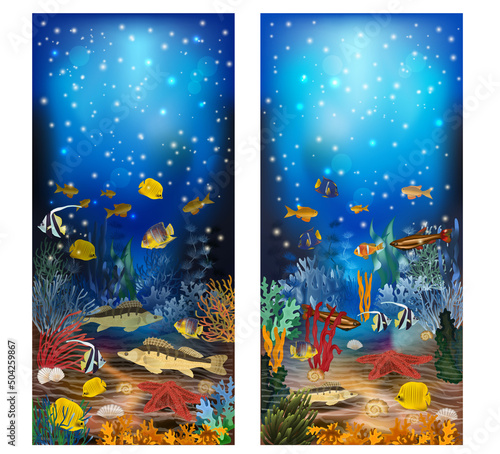 Underwater banners with tropical fish. vector illustration