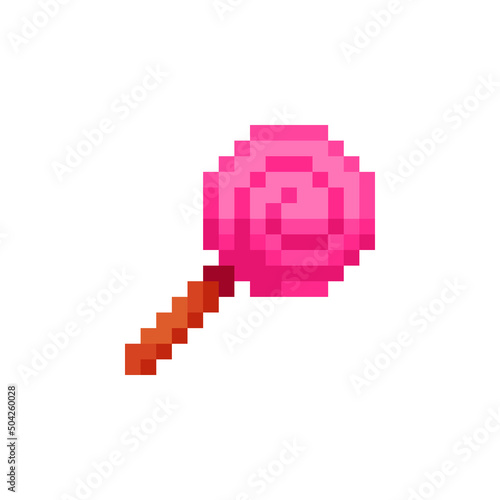 Lollipop pixel art candy icon isolated isometric vector illustration 16-bit sprite video game assets. Design for stickers, logo, embroidery, mobile app.