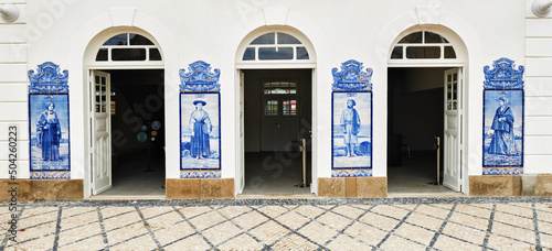 panel of azulejos tiles on the facade of old railways station in Aveiro, Portugal photo