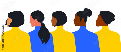Postcard template with women of different nationalities and religions in yellow and blue. Vector.