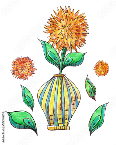 Watercolor illustration with a bouquet of flowers in vase. Colorful picture for design. Hand drawing.