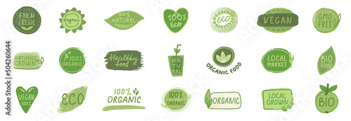 Organic certified icon set. Vegan healthy food logo. Farm fresh label. Nature vegetarian badge. Eco fiendly, bio product. Circle tag. Green leaf emblem. Quality symbol.Gluten free.Vector illustration