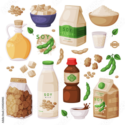 Soy Products from Soybean Plant with Soy Meat, Oil in Jar and Milk Vector Set