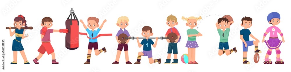 Children - boys and girls different sports cartoon style. Boxing, tennis, football, archer, roller, rugby, baseball. Children - boys and girls different sports cartoon style. Boxing, tennis, football, archer, roller, rugby, baseball.