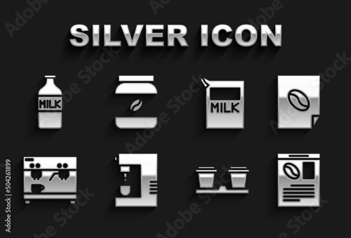 Set Coffee machine, poster, Newspaper and coffee, cup to go, Paper package for milk, Bottle with and jar bottle icon. Vector