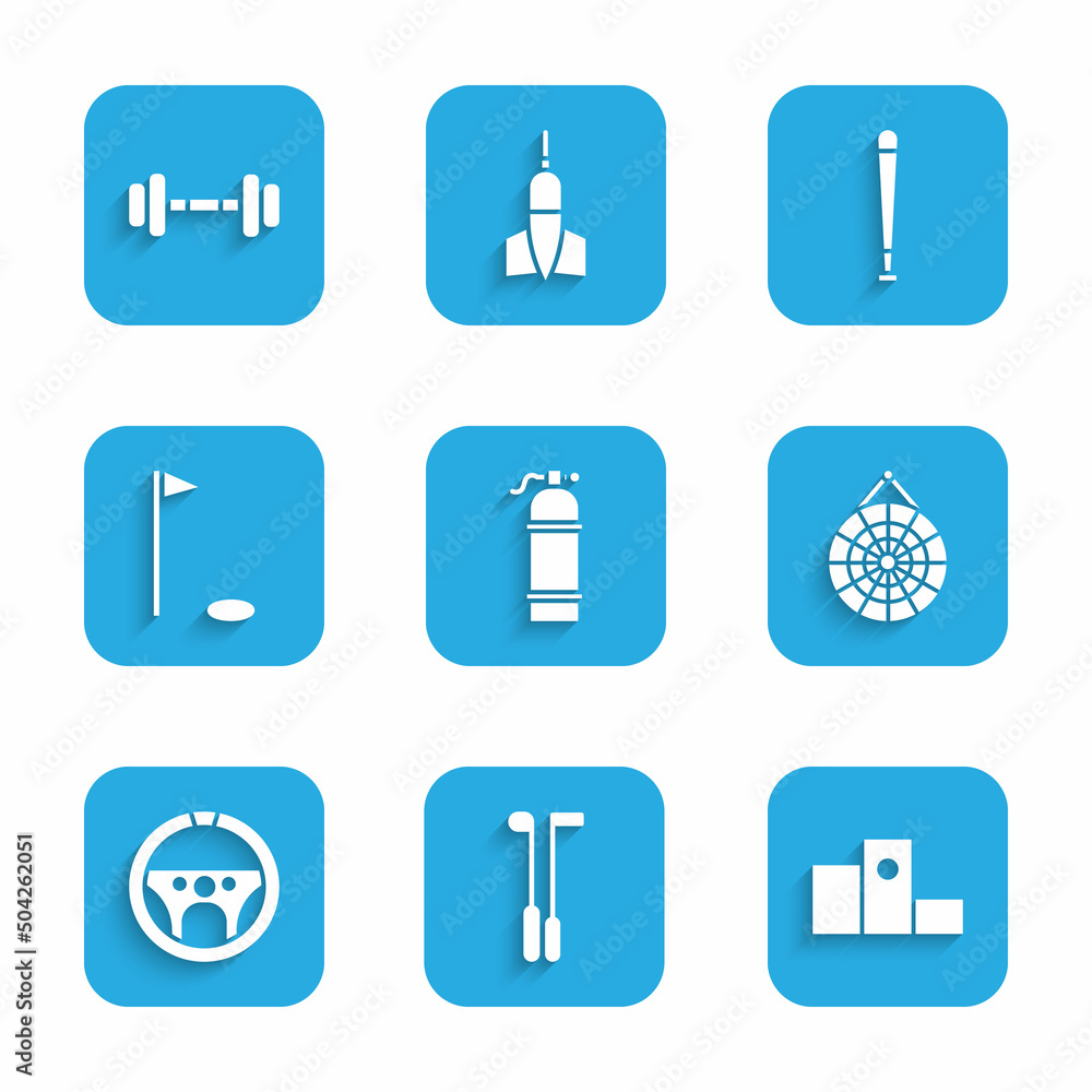 Set Aqualung, Golf club, Award over sports winner podium, Classic dart board, Steering wheel, flag, Baseball bat and Dumbbell icon. Vector Set Aqualung, Golf club, Award over sports winner podium, Classic dart board, Steering wheel, flag, Baseball bat and Dumbbell icon. Vector