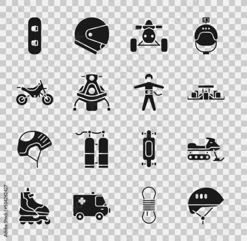 Set Bicycle helmet, Snowmobile, Formula 1 racing car, ATV motorcycle, Mountain bike, Snowboard and Bungee jumping icon. Vector