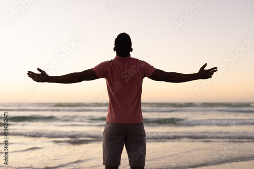 Rear view of carefree african american young man with arms outstretched at beach against clear sky photo