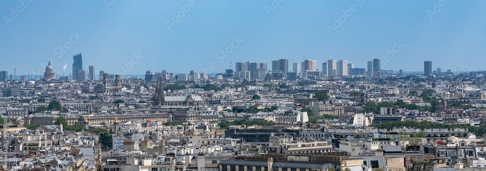 Paris, aerial view of beautiful monuments, the new courthouse, the Pantheon dome, Notre-Dame church, typical roofs
