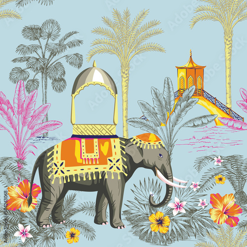 Exotic ink drawn palm trees, banana trees, hibiscus flower, pagoda, indian elephant animal summer floral seamless pattern. Asian landscape wallpaper.