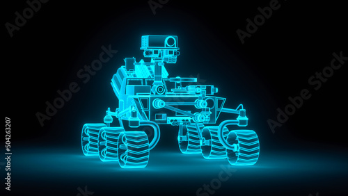 a mars rover in neon blue (3d rendering)