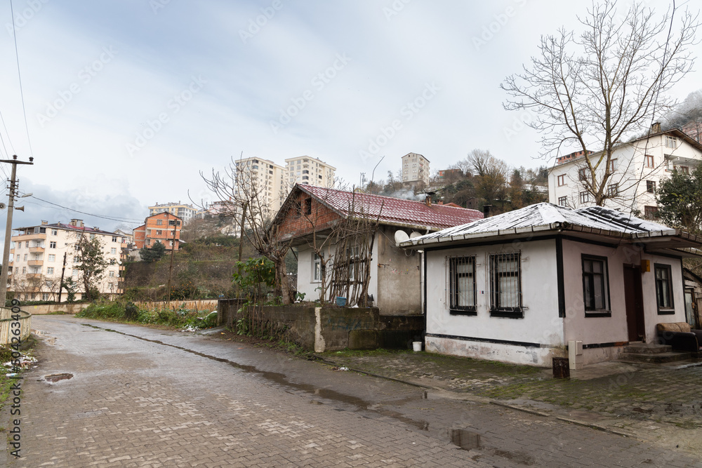 Surmene empty street view, small living houses