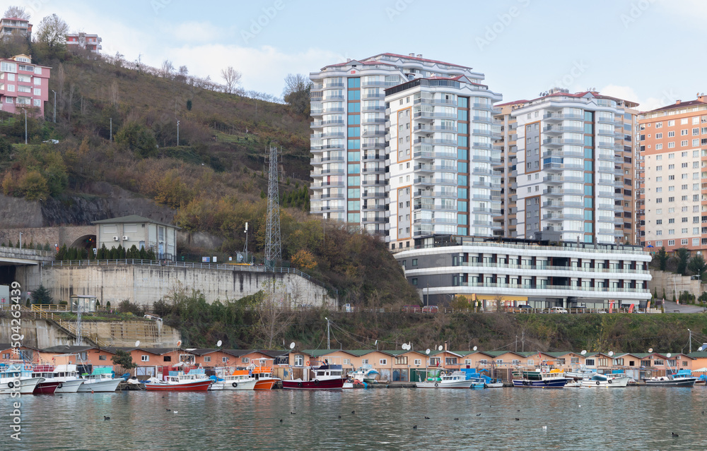 Arakli harbor, Trabzon, Turkey. Coastal view with modern buildings