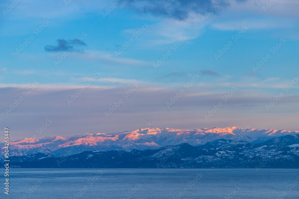 Bay of Arakli, Trabzon, Turkey in the morning. Snowy mountain landscape