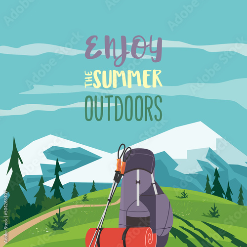 Enjoy Summer Outdoors Active Tourism Vector Poster. Mountains landscape background. Backpack tourist mountain trip journey illustration. Hiking tour, backpacking activity advertisement banner template