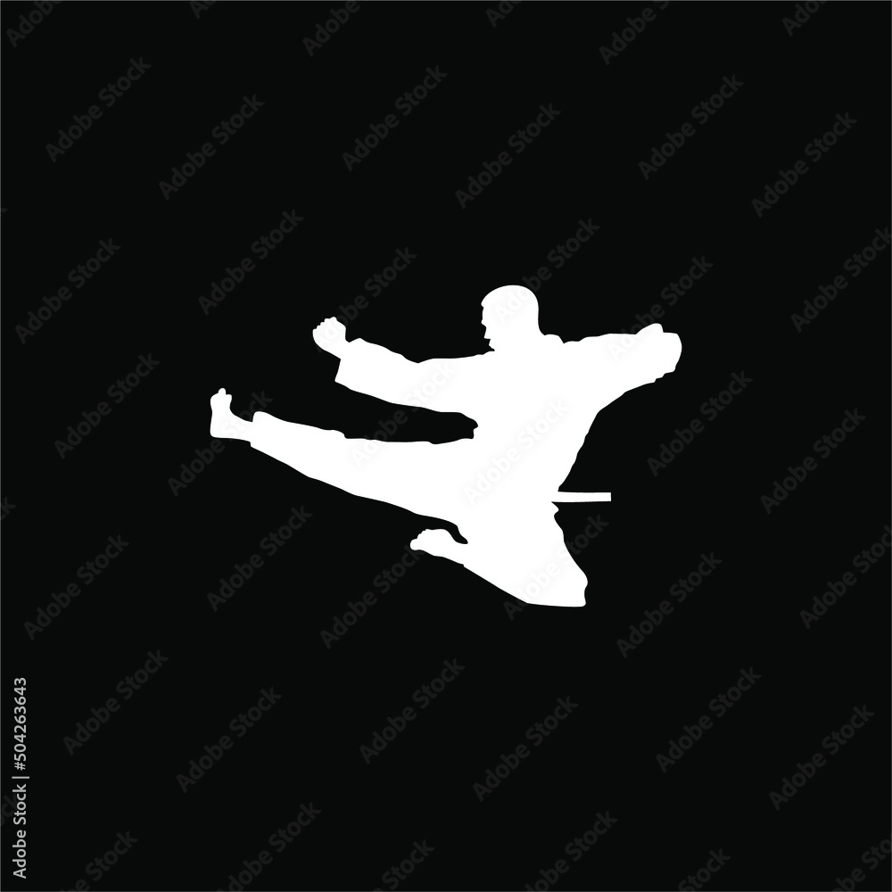Silhouette of Martial Artist Kick (Taekwondo, Karate, Pencak Silat, Kungfu) for Logo or Graphic Design Element. Vector Illustration Silhouette of Martial Artist Kick (Taekwondo, Karate, Pencak Silat, Kungfu) for Logo or Graphic Design Element. Vector Illustration