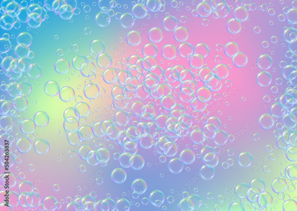Soap cleaning foam background. Shampoo bubbles and suds. Rainbow
