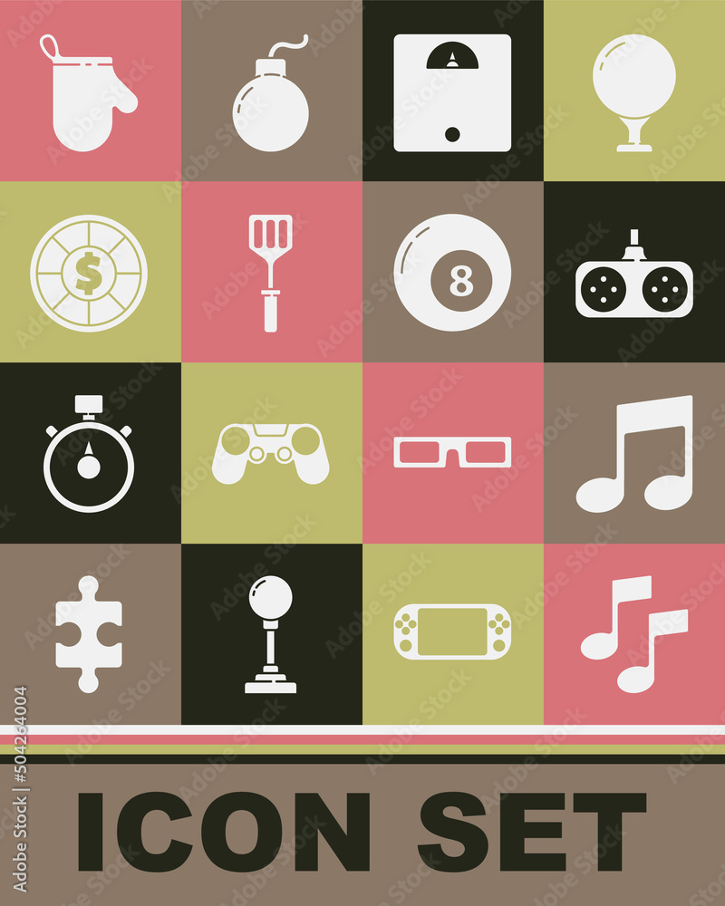 Set Music note, tone, Gamepad, Bathroom scales, Spatula, Casino chips, Oven glove and Billiard pool snooker ball icon. Vector Set Music note, tone, Gamepad, Bathroom scales, Spatula, Casino chips, Oven glove and Billiard pool snooker ball icon. Vector