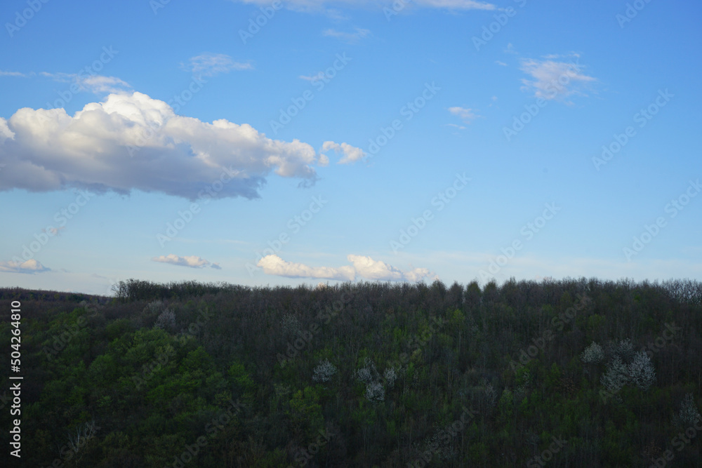 View of the mountain hills covered with dense green dense forests in the evening.