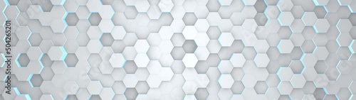 Digital geometric white mesh with blue energy glow in wide angle. Futuristic technology polygon pattern. Abstract animated background.