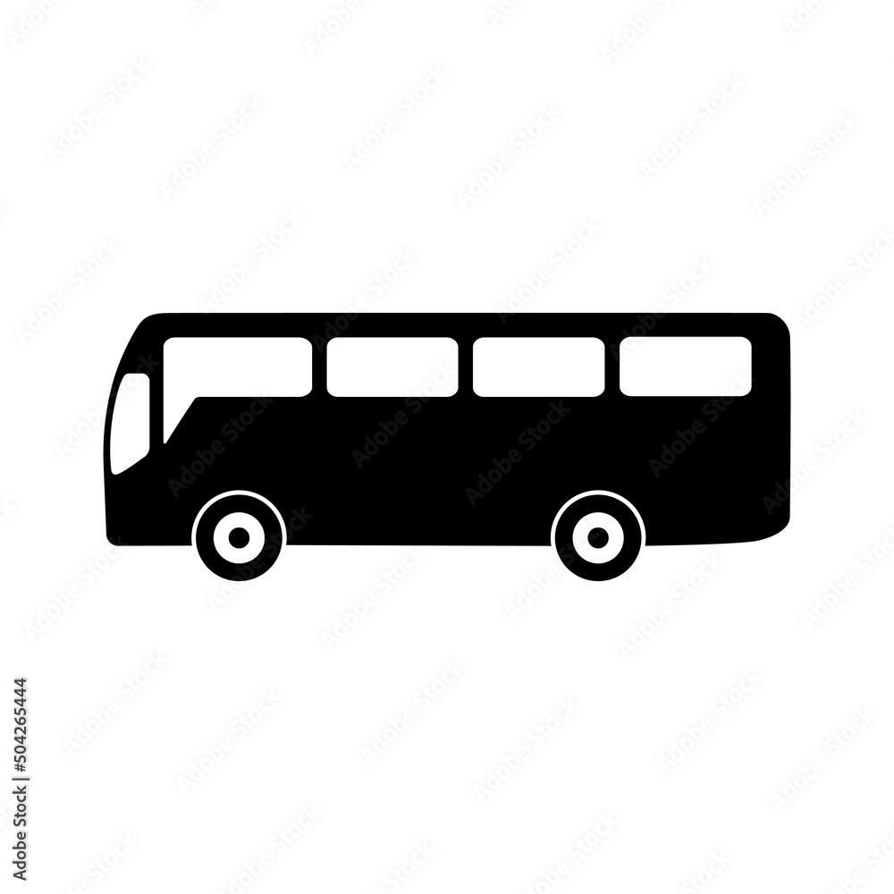 Bus icon. Public transport silhouette. School bus symbol. Side view. Vector isolated on white. Bus icon. Public transport silhouette. School bus symbol. Side view. Vector isolated on white.