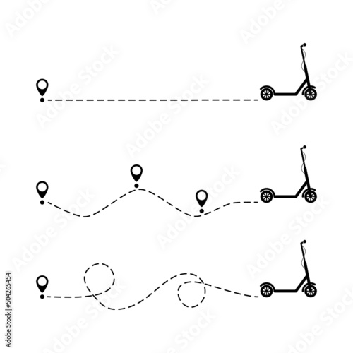 Scooter icon with line start point set. Scooter driving on dotted route with map pin. Vector isolated on white