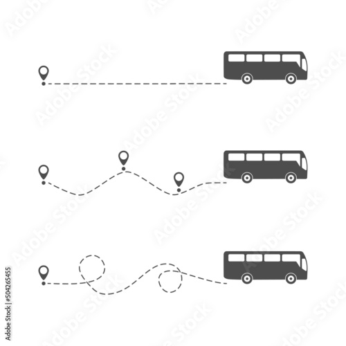Bus icon with line start point set. Bus driving on dotted route with map pin. Vector isolated on white