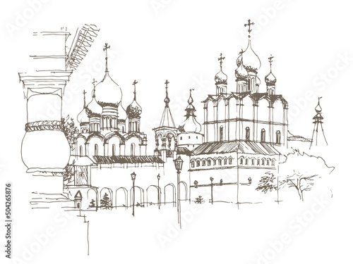 Vector traced brown ink and pen hand drawn landscape with architectural ensemble of the Rostov Kremlin, Russia