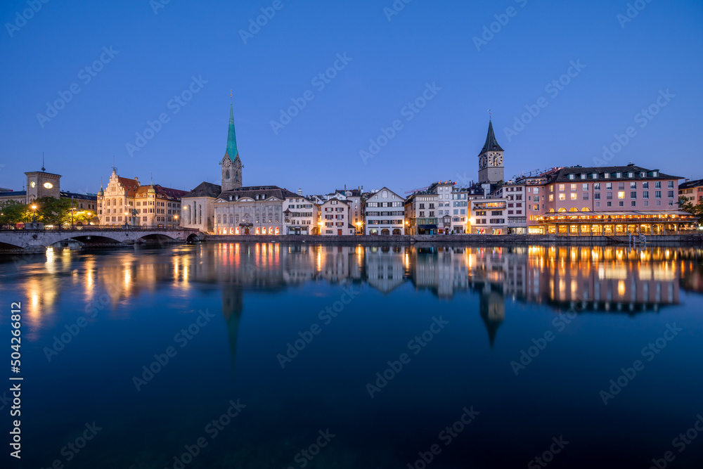 Zürich skyline along the Limmat River at night, Switzerland