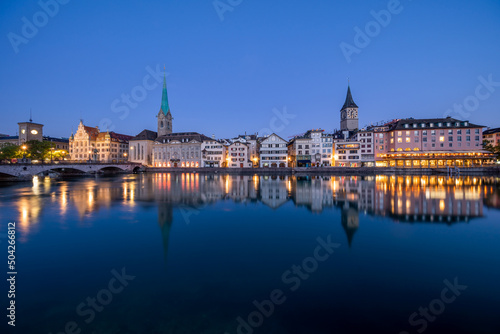 Zürich skyline along the Limmat River at night, Switzerland