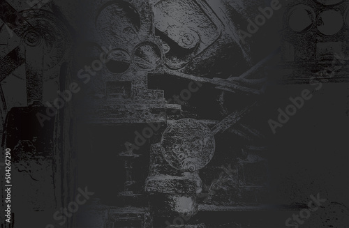 Luxury black metal gradient background with distressed metalic machine, grears, shaft texture.