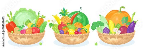 Set of three large baskets with colorful fruits and vegetables. Banner in cartoon style. Isolated on white background. Vector flat illustration.