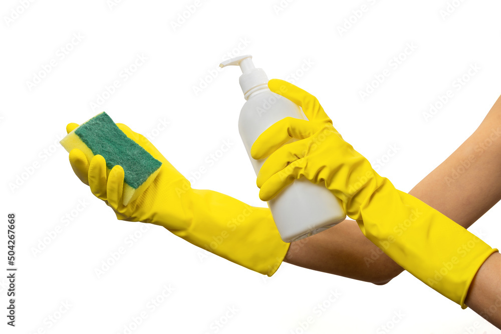 hand in yellow glove with sponge