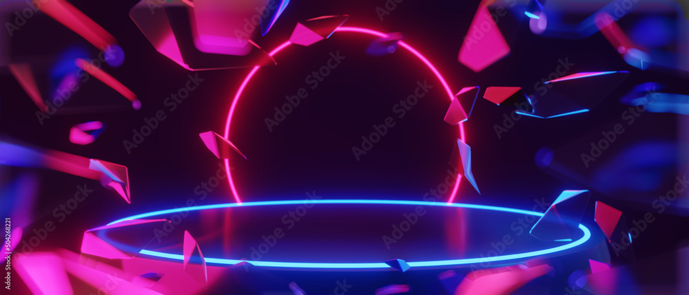 abstract backgound video game of esports scifi gaming cyberpunk, vr virtual reality simulation and metaverse, scene stand pedestal stage, 3d illustration rendering, futuristic neon glow room - obrazy, fototapety, plakaty 