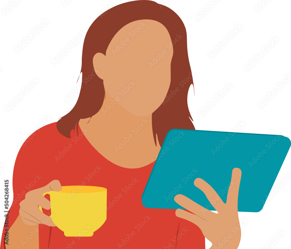 mujer tomando café y leyendo en su notebook. joven trabajando en su casa. Vector sin fondo, fondo transparente - obrazy, fototapety, plakaty 