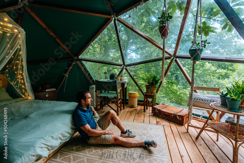 Fototapeta gorbea, Spain. 4th july 2021: inside a dome tent in the forest