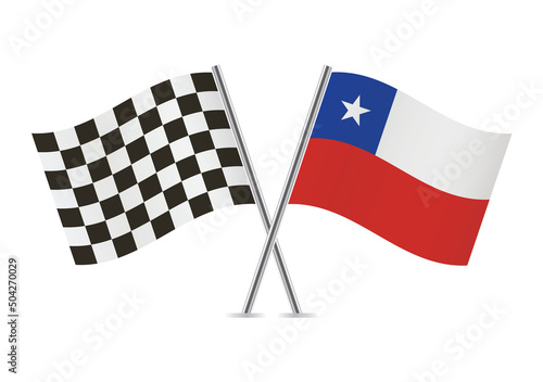 Checkered (racing) and Chile crossed flags, isolated on white background. Vector icon set. Vector illustration.