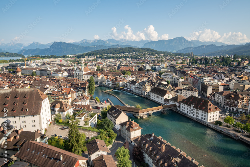 Aerial view of Lucerne in front of the Swiss alps, Switzerland