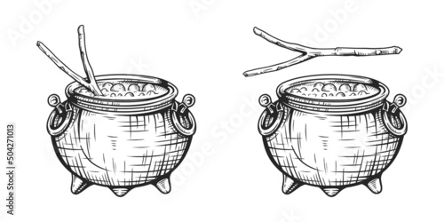 Witch cauldron with green potion, bubbling witches brew. Black and white vector illustration
