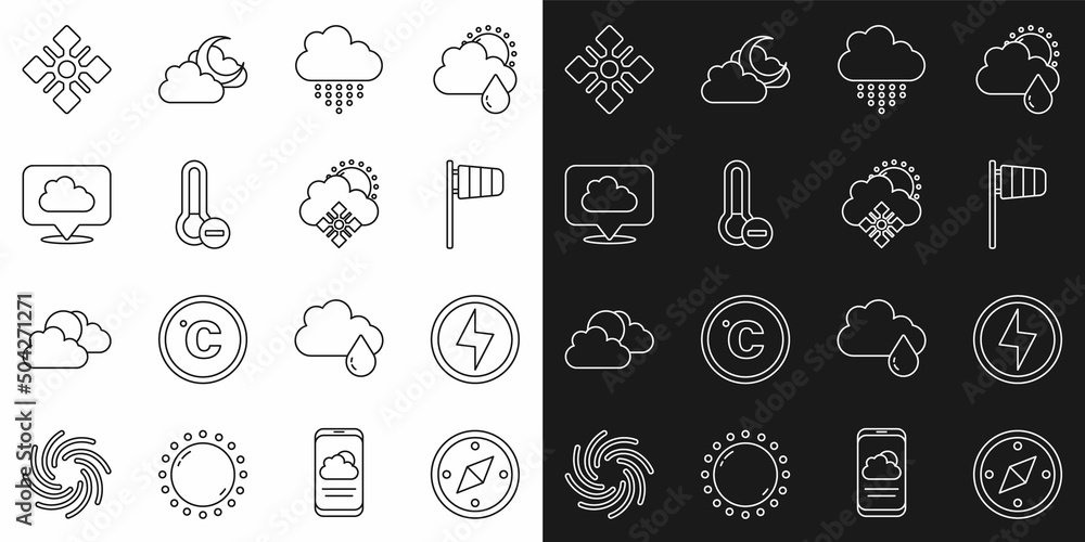 Set line Compass, Lightning bolt, Cone windsock wind vane, Cloud with rain, Meteorology thermometer, Location cloud, Snowflake and snow and sun icon. Vector