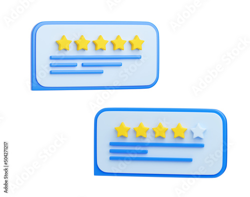 Customer review 3d render illustration - stars and text message on speech bubble.