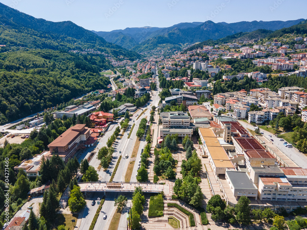 Fototapeta premium Aerial view of Center of the town of Smolyan, Bulgaria
